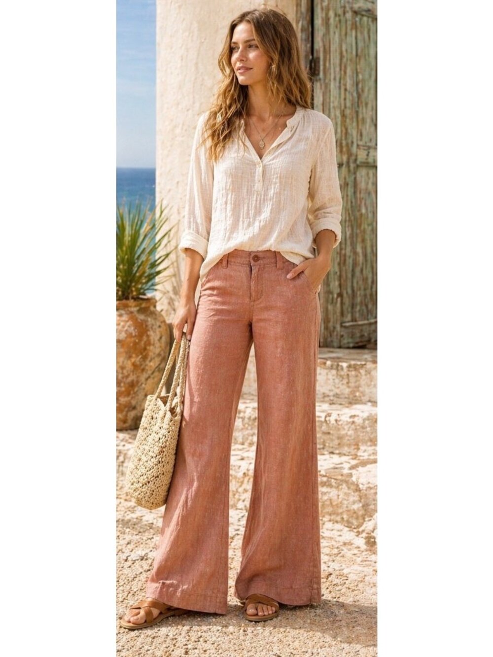 Pilcro Faded Red Linen Blend Pants Wide Leg Flare Boho Anthropologie Size 2P